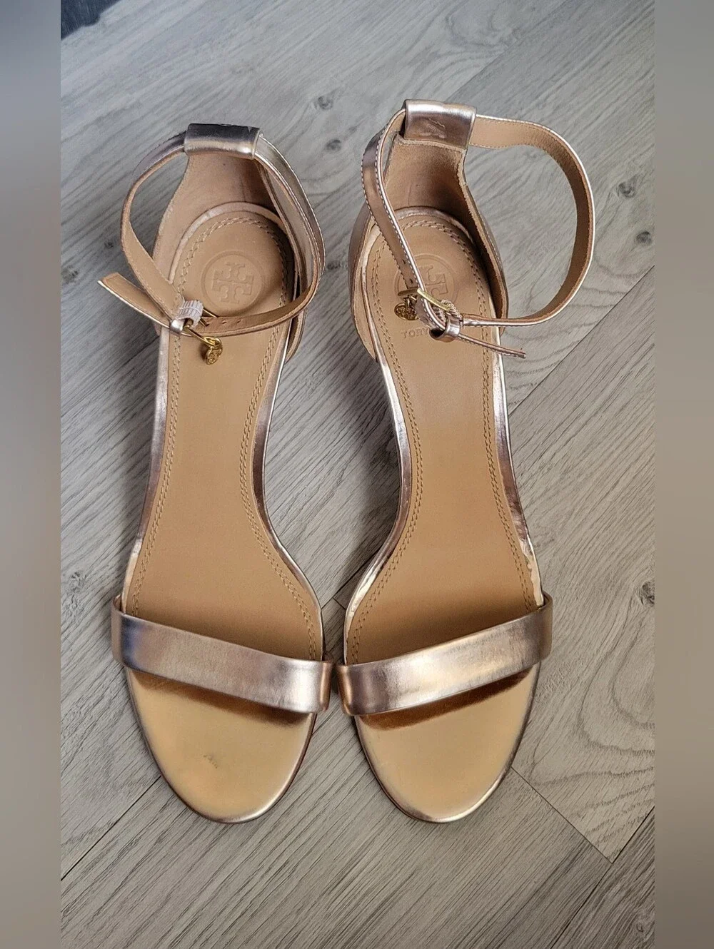 Tory Burch Ellie Ankle-Strap Sandle Heel 85mm Mirror Metallic Spark Rose Gold, 9